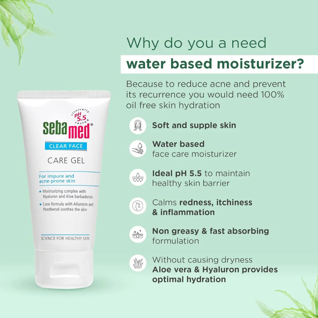 Sebamed Clear Face Care Gel | pH 5.5 |Non-sticky Moisturizer with Hyaluronic acid, Aloe Vera | Dermatologically & clinically tested | 50ml