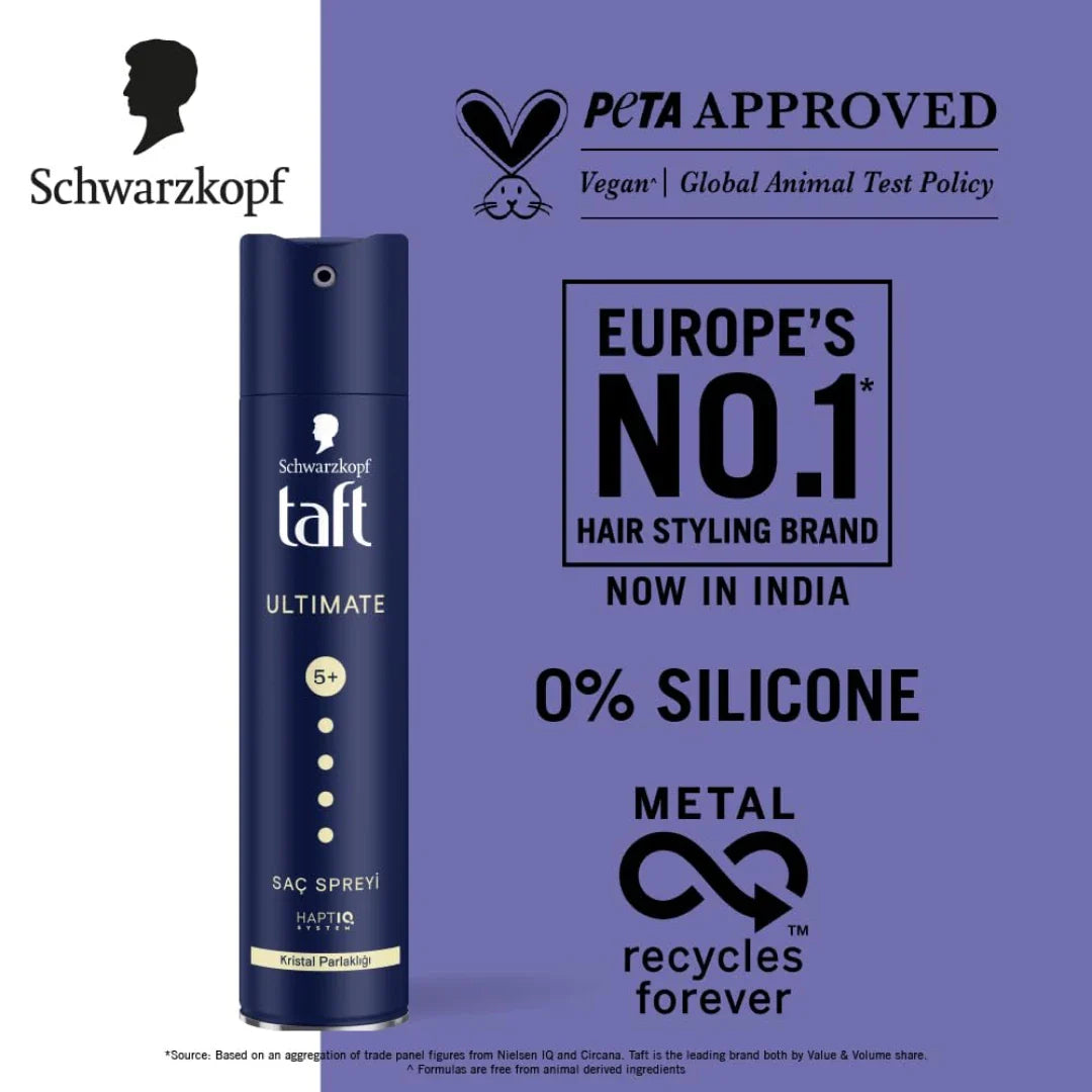 Schwarzkopf TAFT Ultimate Hair Spray For Hair With Crystal Shine | Hold 5+ For 72H hold (250ml)