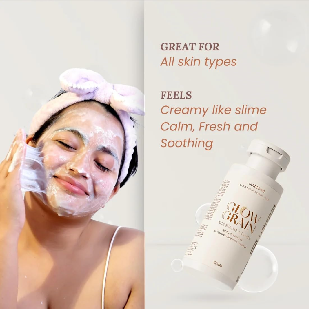SUROSKIE Glow Grain Rice Enzyme Cleanser 50 gm | Ceramide & Lactic | Deep Cleansing Foaming Facewash Powder For Hydrated, Glowing & Brighten Skin | Korean Skincare for All Skin Types for Men & Women