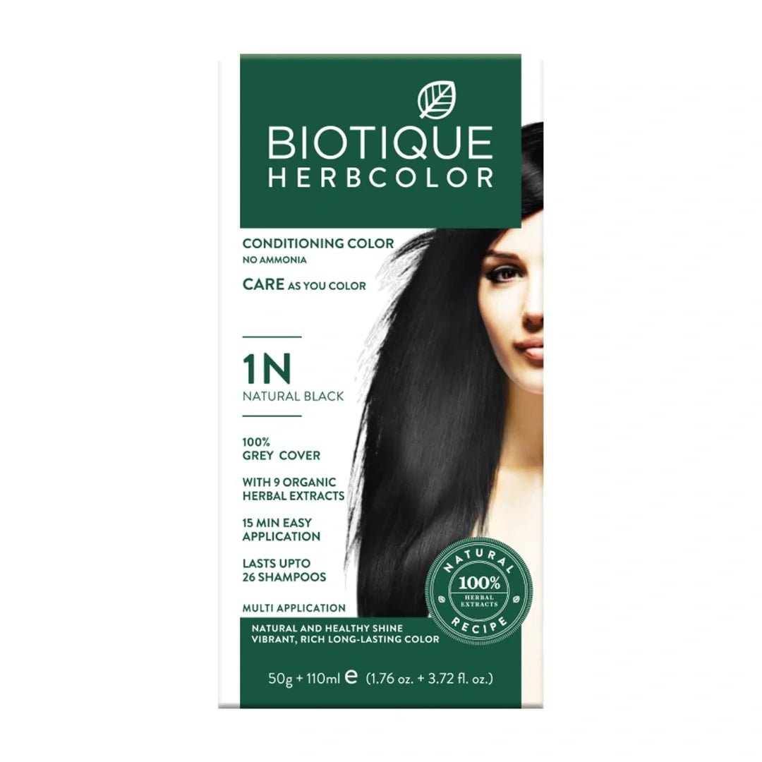 BIOEHRB - Biotique Herbcolor Conditioning Hair Colour l Ammonia Free Hair Color l 9 Organic Herbal Extracts l Natural and Healthy Shine l 50g + 110ml| Natural Black 1N (Pack of 1) - Looknstyle