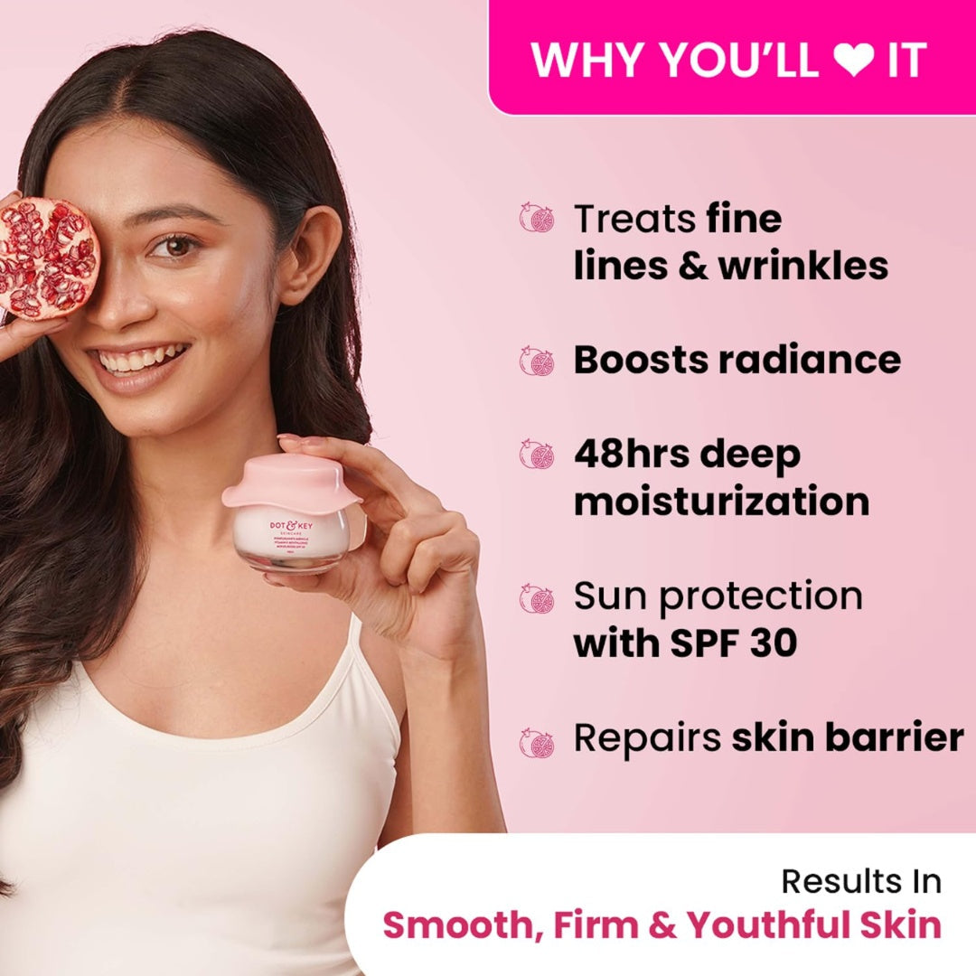 DOT & KEY Pomegranate + Peptide Anti Aging Cream With Spf 30 For Sun Protection|Reduces Fine Lines&Wrinkles|48Hr Intense Moisturization|Boosts Collagen|For Mature&Normal To Dry Skin|60Ml