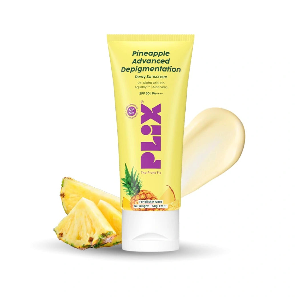PLIX - THE PLANT FIX Pineapple Advanced Depigmentation Dewy Sunscreen SPF 50 PA++++ | Alpha Arbutin & Aquaxyl | Reduces Pigmentation, Protects from UV & Blue Light, Hydrates Skin | Vegan & Paraben-Free | 50g