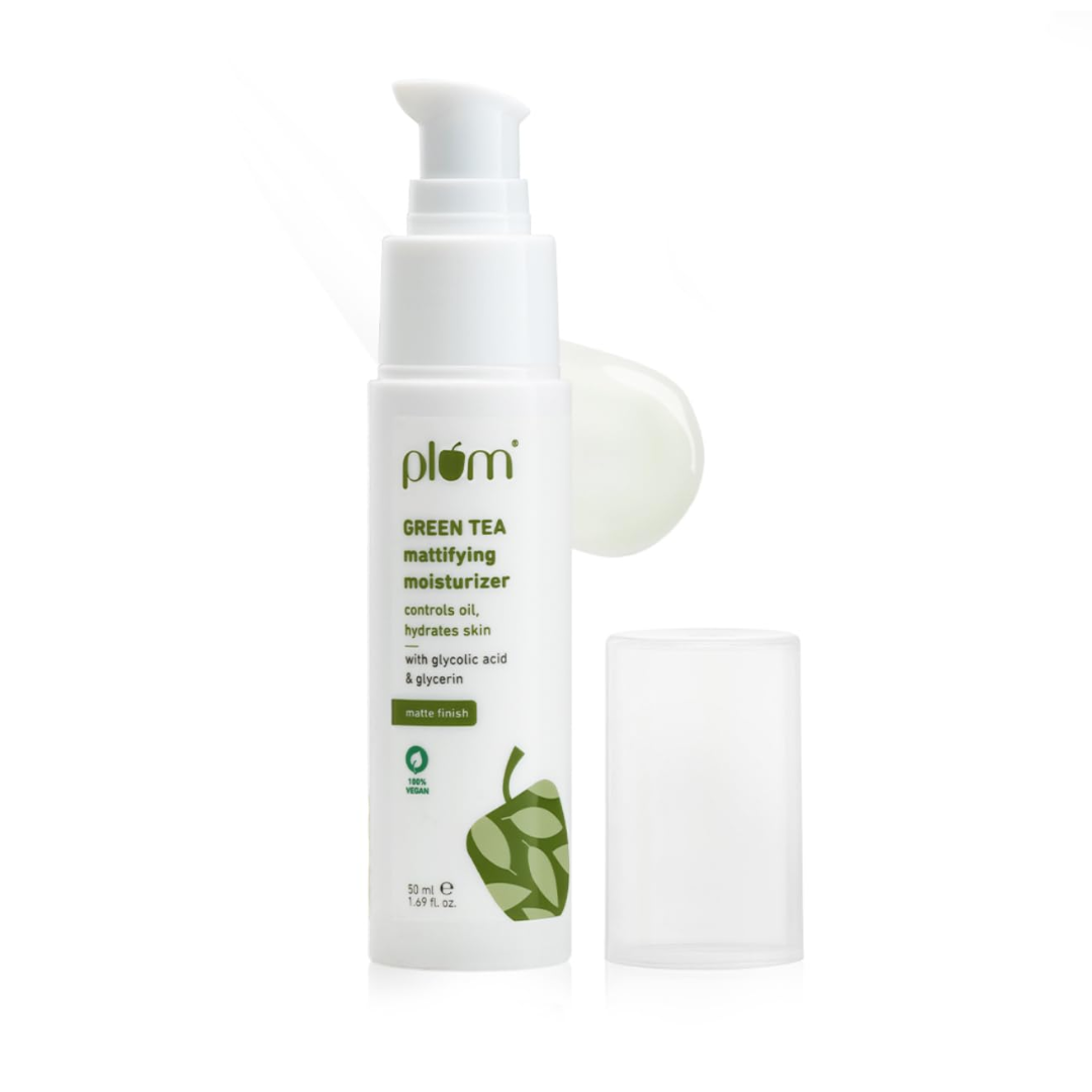 Plum Green Tea Mattifying Face Moisturizer for Daily Use | Fights Acne, Controls Oil & Hydrates Skin | Moisturizer for Face with Glycolic Acid & Glycerin| Non-Sticky Moisturizer for Women & Men | 50m