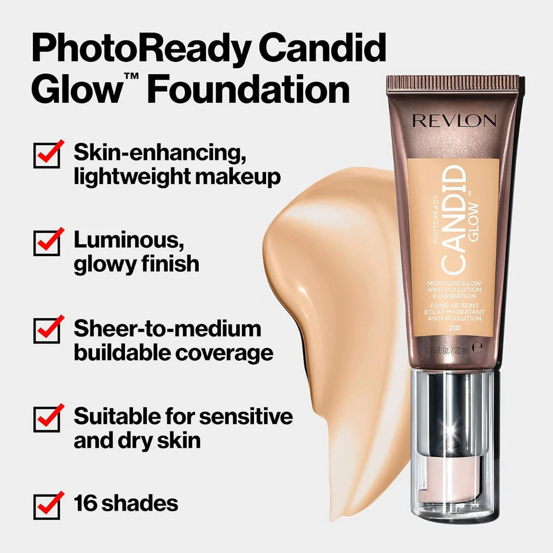 Revlon PhotoReady Candid Glow Moisture Glow Anti-Pollution Foundation with Vitamin E and Prickly Pear Oil, Anti-Blue Light Ingredients, without Parabens, Pthalates, and Fragrances, Porcelain, 0.75 oz