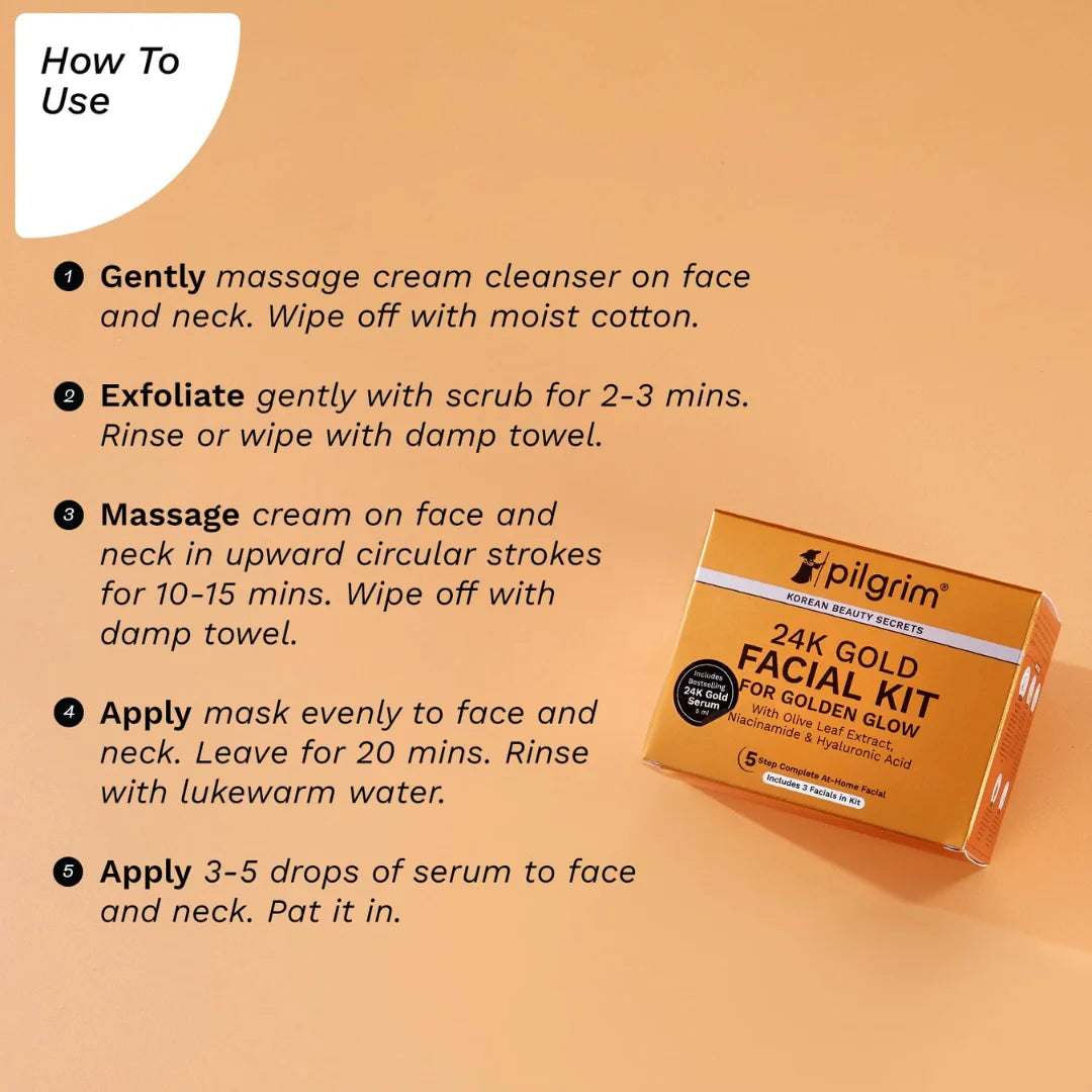 Pilgrim 24K Gold Facial Kit for Instant Radiance & Golden Glow: Includes Gold Cleanser, Scrub, Massage Cream, Facial Mask,