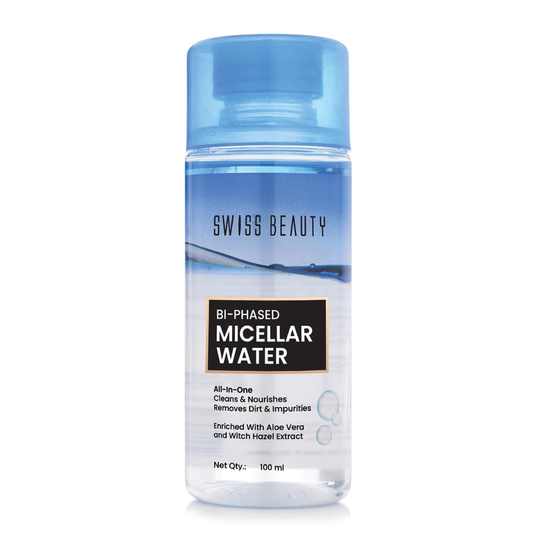 Swiss Beauty Bi-Phased Micellar Face Cleansing Water | Removes dirt, impurities and waterproof makeup | With Aloe vera and Witch Hazel | 100 ml
