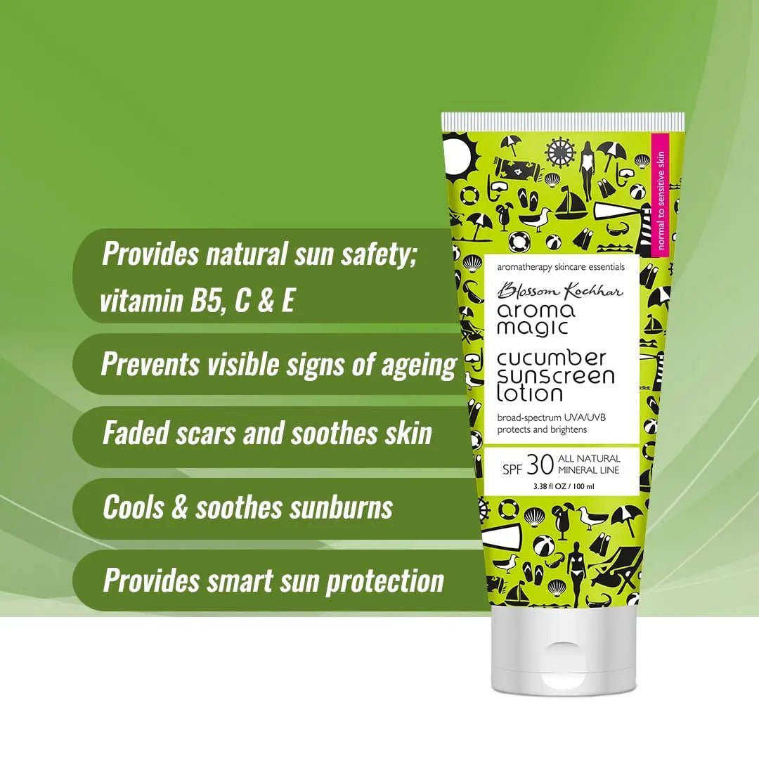 aromamagiccucumbersunscreenlotion - Aroma Magic Cucumber SPF 30 Sunscreen Lotion 100ml | for Normal to Sensitive Skin | Non - Nano Zinc Oxide, Wheatgerm & Coconut Oil | Cools, Soothes & Protects | No Parabens or Alcohol | Pack of 1 - Looknstyle