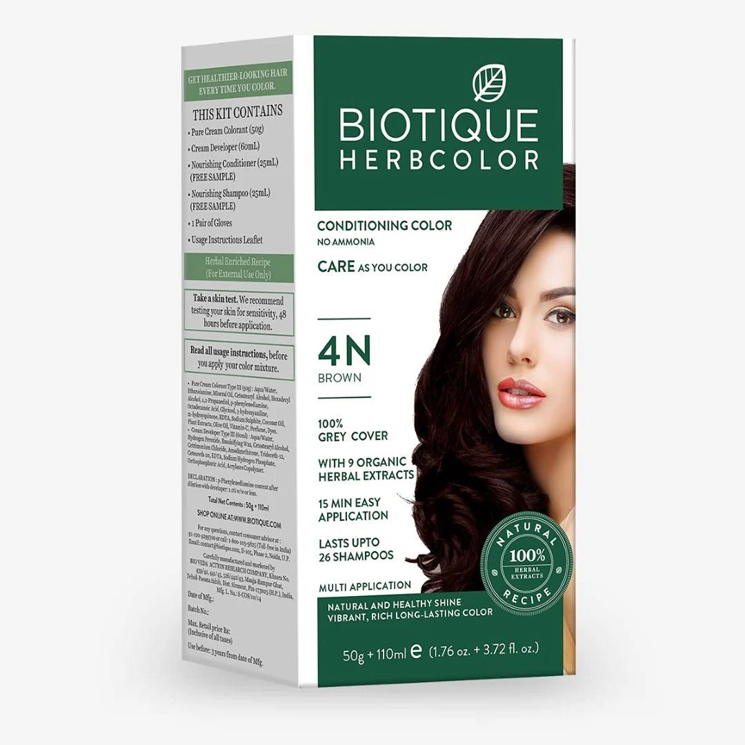 bion4 - Biotique Herbcolor Conditioning Hair Colour l Ammonia Free Hair Color l 9 Organic Herbal Extracts l Natural and Healthy Shine l 50g + 110ml| Brown 4N (Pack of 1) - Looknstyle