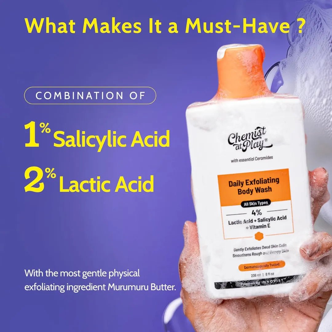 cpbodywash - Chemist At Play Exfoliating Body Wash | 4% (Salicylic Acid, Vitamin E & Lactic Acid) | Paraben & SLS Free | Gentle Exfoliating Shower Gel | Unisex (236ml) - Looknstyle