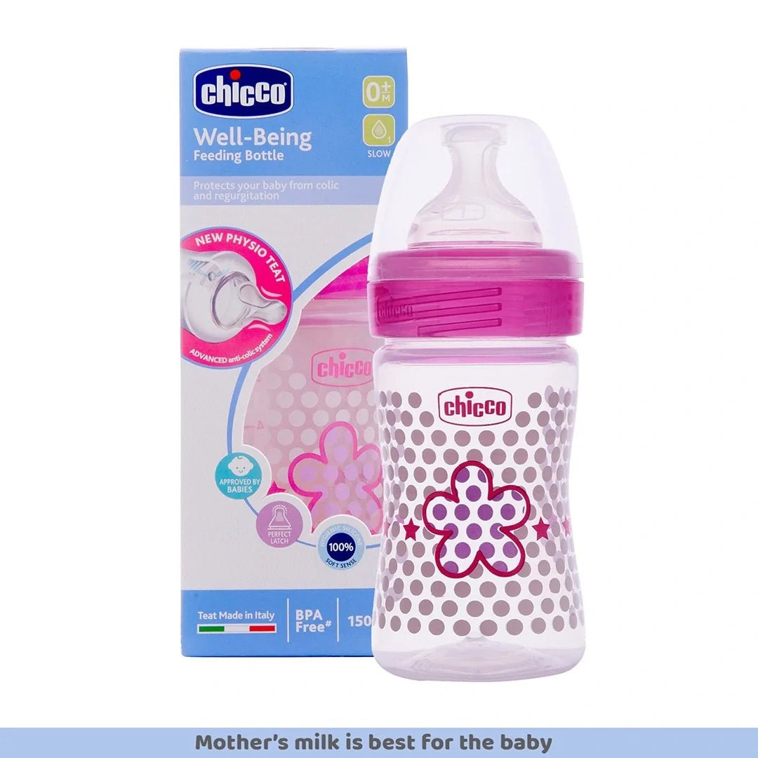 chopkbtl150 - Chicco Well - Being 150 ml Feeding Bottle, Advanced Anti - Colic System, BPA Free, Hygienic Silicone Teat (Pink) - Looknstyle