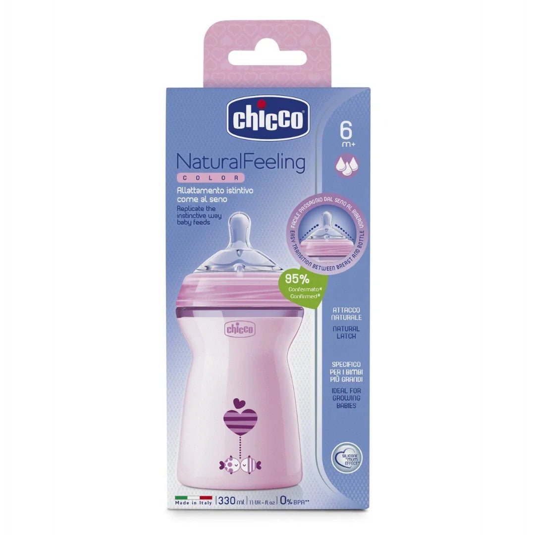 chcbtlpnk1 - Chicco Natural Feeling 330ml Baby Milk Feeding Bottle with Wide Neck, Anti - Colic for Easy Milk Flow, for Babies & Toddlers 6m+ (Pink) - Looknstyle