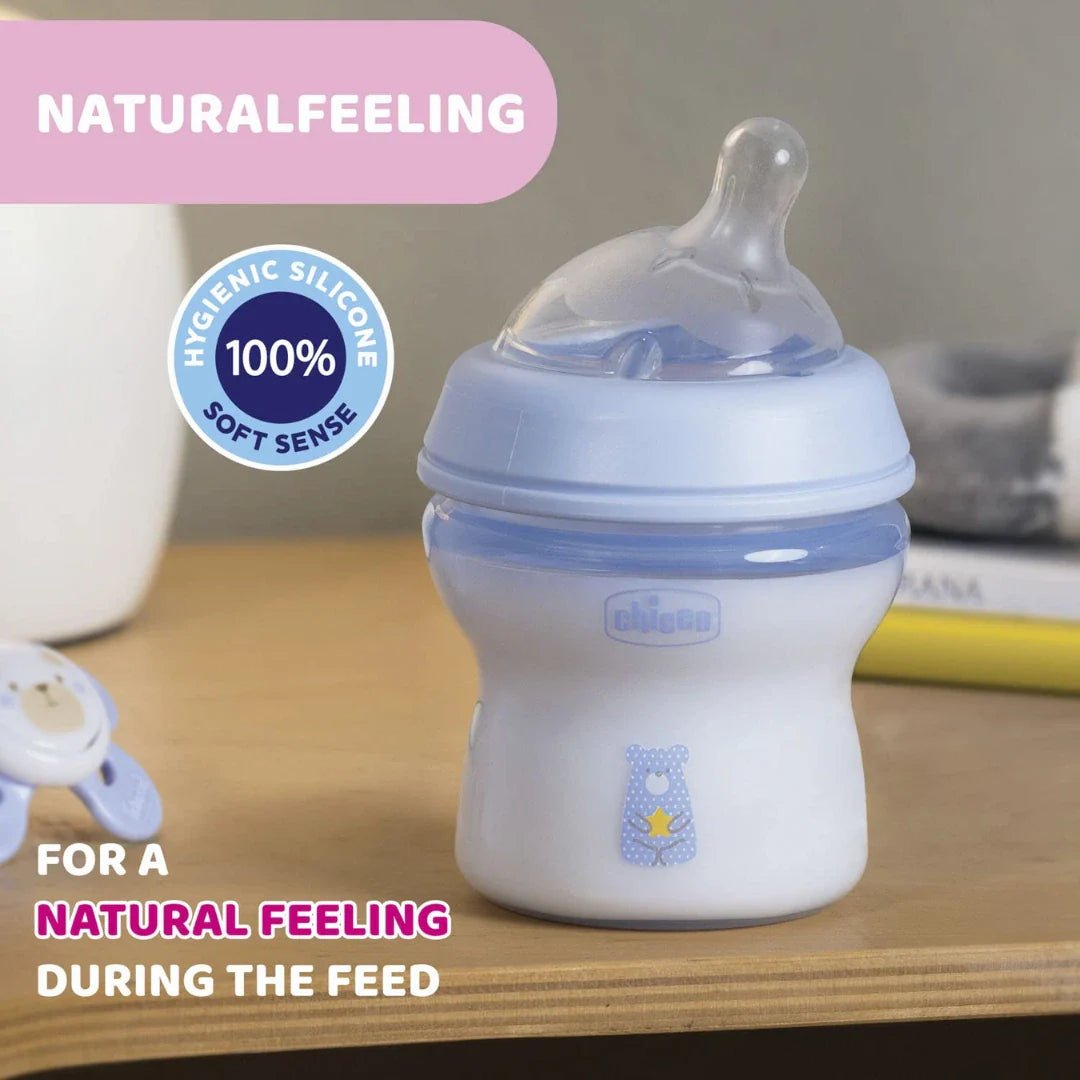 chcbtlblu150 - Chicco Natural Feeling 150ml Baby Milk Feeding Bottle with Wide Neck, Anti - Colic for Easy Milk Flow, for Babies & Toddlers 0m+ (Blue) - Looknstyle