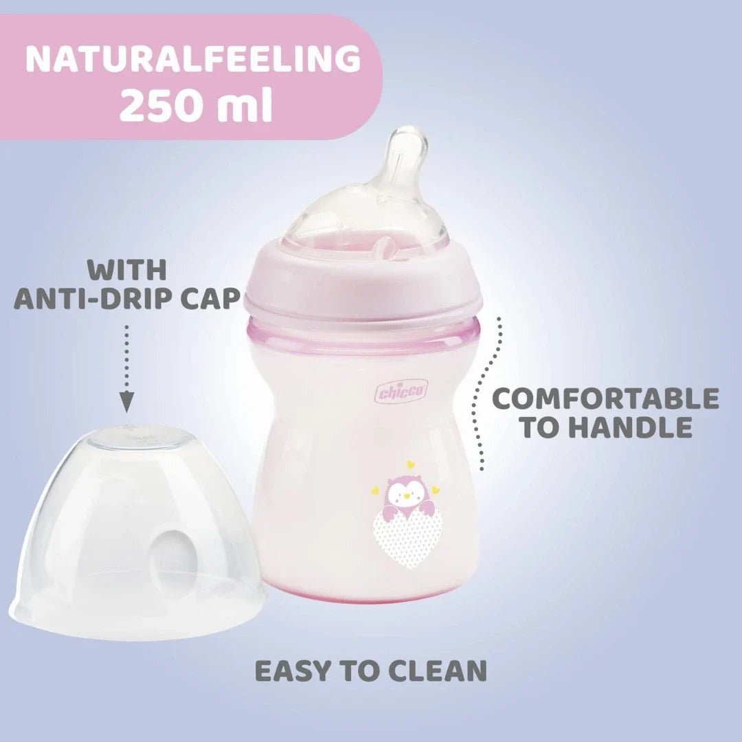 chcbtlpnk250 - Chicco Natural Feeling 250ml Baby Milk Feeding Bottle with Wide Neck, Anti - Colic for Easy Milk Flow, for Babies & Toddlers 2m+ (Pink) - Looknstyle