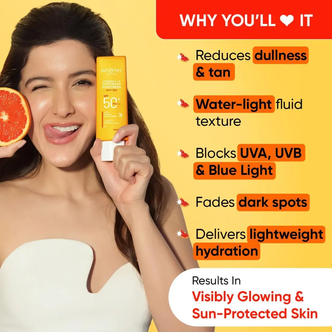 dkvitcsuns - Dot & Key Vitamin C + E Super Bright Sunscreen Spf 50 |Water - Light,UVA/UVB & Blue Light Protection|For Even Toned & Glowing Skin|With Liquid Spf 50+++| No White Cast| For All Skin Types (80g) - Looknstyle