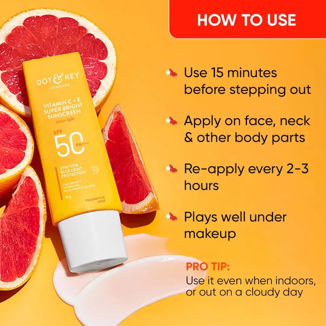 dkvitcsuns - Dot & Key Vitamin C + E Super Bright Sunscreen Spf 50 |Water - Light,UVA/UVB & Blue Light Protection|For Even Toned & Glowing Skin|With Liquid Spf 50+++| No White Cast| For All Skin Types (80g) - Looknstyle