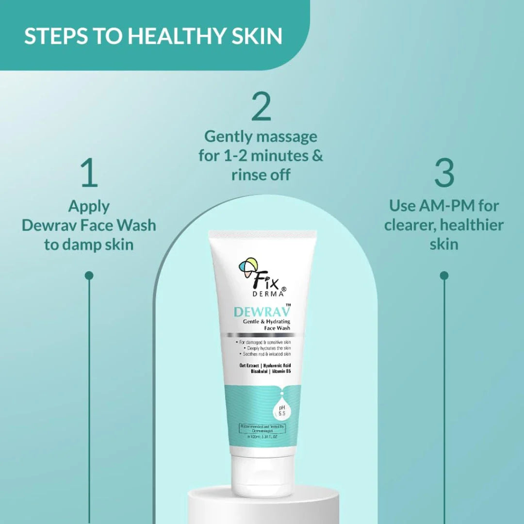 FIXDERMA Dewrav Gentle & Hydrating Face Wash with 6% Oats Extract,Hyaluronic Acid,Vitamin B5,Bisabolol,Soothes Irritated Skin,Provides Hydration,Face Cleanser For Sensitive,Dry to Normal Skin,100Ml