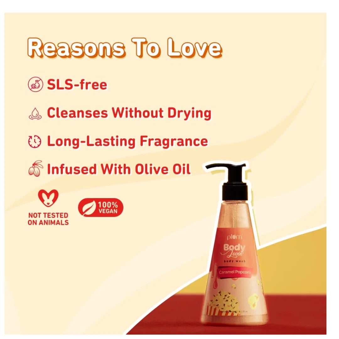 Plum BodyLovin' Caramel Popcorn Body Wash | SLS-Free Body Wash For Women | Long Lasting Warm Caramel Fragrance | Aloe-Infused Nourishing Body Cleanser For Soft & Smooth Skin (240 ml)