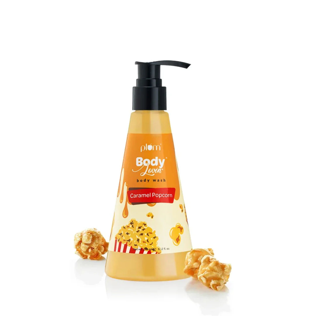 Plum BodyLovin' Caramel Popcorn Body Wash | SLS-Free Body Wash For Women | Long Lasting Warm Caramel Fragrance | Aloe-Infused Nourishing Body Cleanser For Soft & Smooth Skin (240 ml)