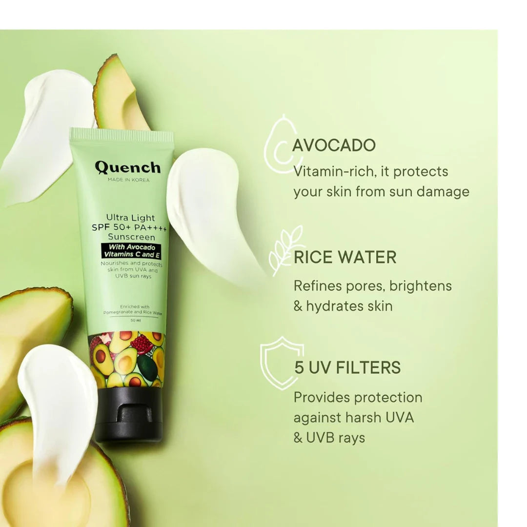 QUENCH BOTANICS Bravocado SPF 50+ PA++++ Korean Sunscreen With Vitamin E & Avocado For Glowing Skin, Lightweight & Non-Sticky, UVA & UVB Protection For Unisex Of All Skin Type, 50ml (Pomegranate)