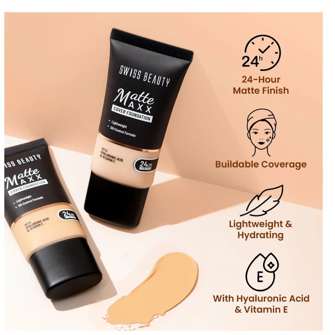 sbmattemaxfoundation - SWISS BEAUTY All Skin Matte Maxx Cover Foundation | 24 - Hour Stay | With Hyaluronic Acid & Vitamin E | Oil - Control Formula | Shade 04 Medium Warm, 30g - Looknstyle