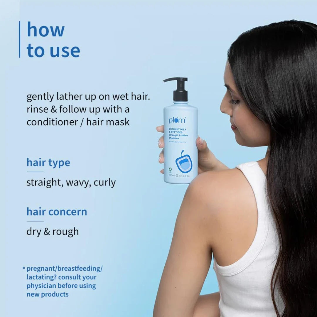 Plum Coconut Milk & Peptides strength & shine shampoo | Contains coconut milk, pea peptide | enhances hair's shine and strengthens hair | Paraben-Free| 100% vegan | 250ml
