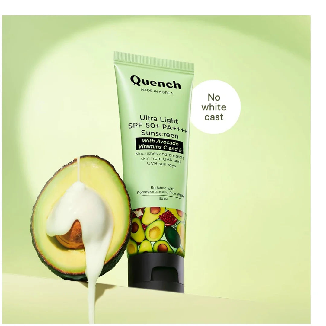 QUENCH BOTANICS Bravocado SPF 50+ PA++++ Korean Sunscreen With Vitamin E & Avocado For Glowing Skin, Lightweight & Non-Sticky, UVA & UVB Protection For Unisex Of All Skin Type, 50ml (Pomegranate)
