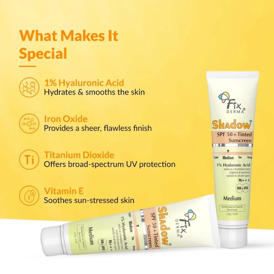 fixdermaspf - Fixderma Shadow Tinted Sunscreen Medium SPF 50 PA+++ | 1% Hyaluronic Acid & Vitamin E | Brightens & Nourishes the Skin | UVA & UVB Protection | Lightweight | No White Cast | For All Skin Types - 30gm - Looknstyle