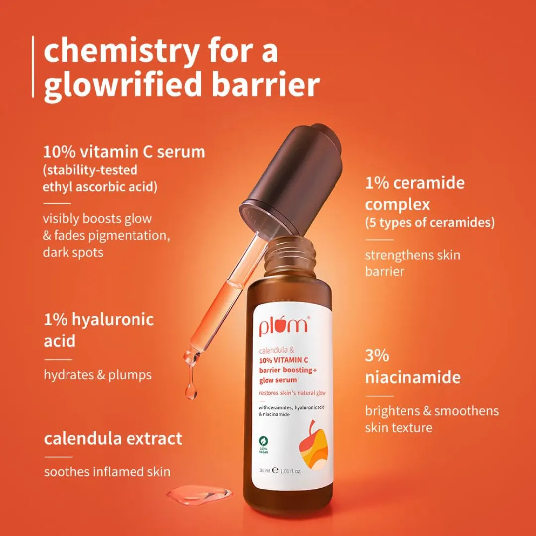 Plum 10% Vitamin C & Calendula Barrier Boosting + Glow Serum | Boosts glow from 1st use | Ceramides strengthens skin barrier | Niacinamide fights pigmentation & dark spots | Non-irritant| Men & Women | For all skin types | 30ml
