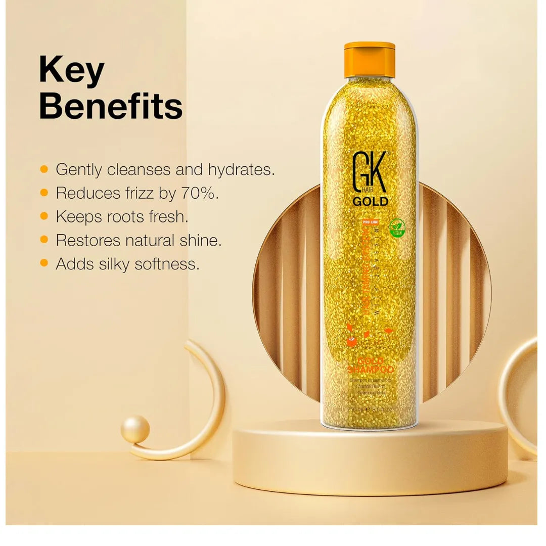 GK Hair Global Keratin Gold Shampoo And Conditioner 250ml With Free Argan Oil Serum 10ml For Hair Moisturizing Shine And Protection With Argan Oil, Shea Butter, Natural Oils