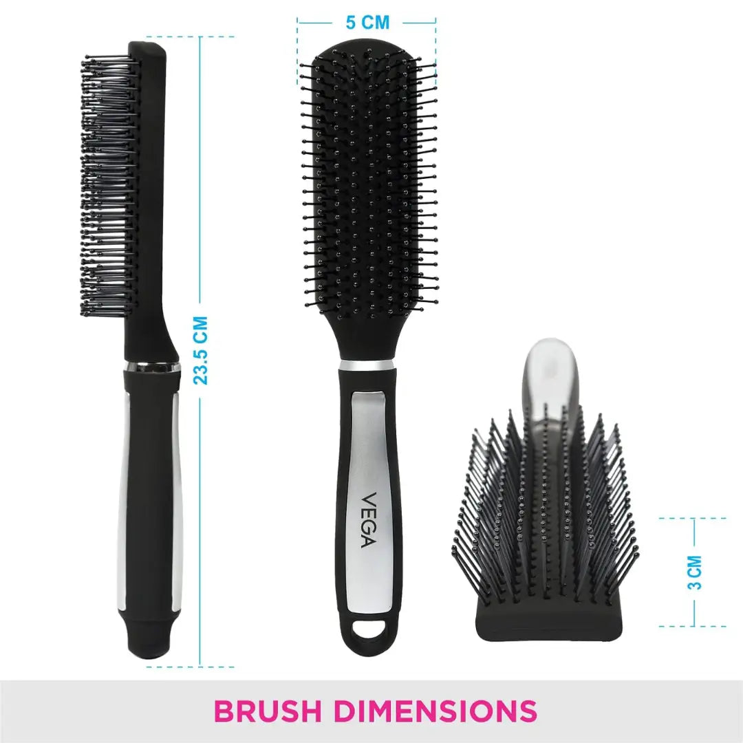 Vega Flat Brush with Black and Silver/Gold Colored Handle and Black Colored Brush Head E14-FB