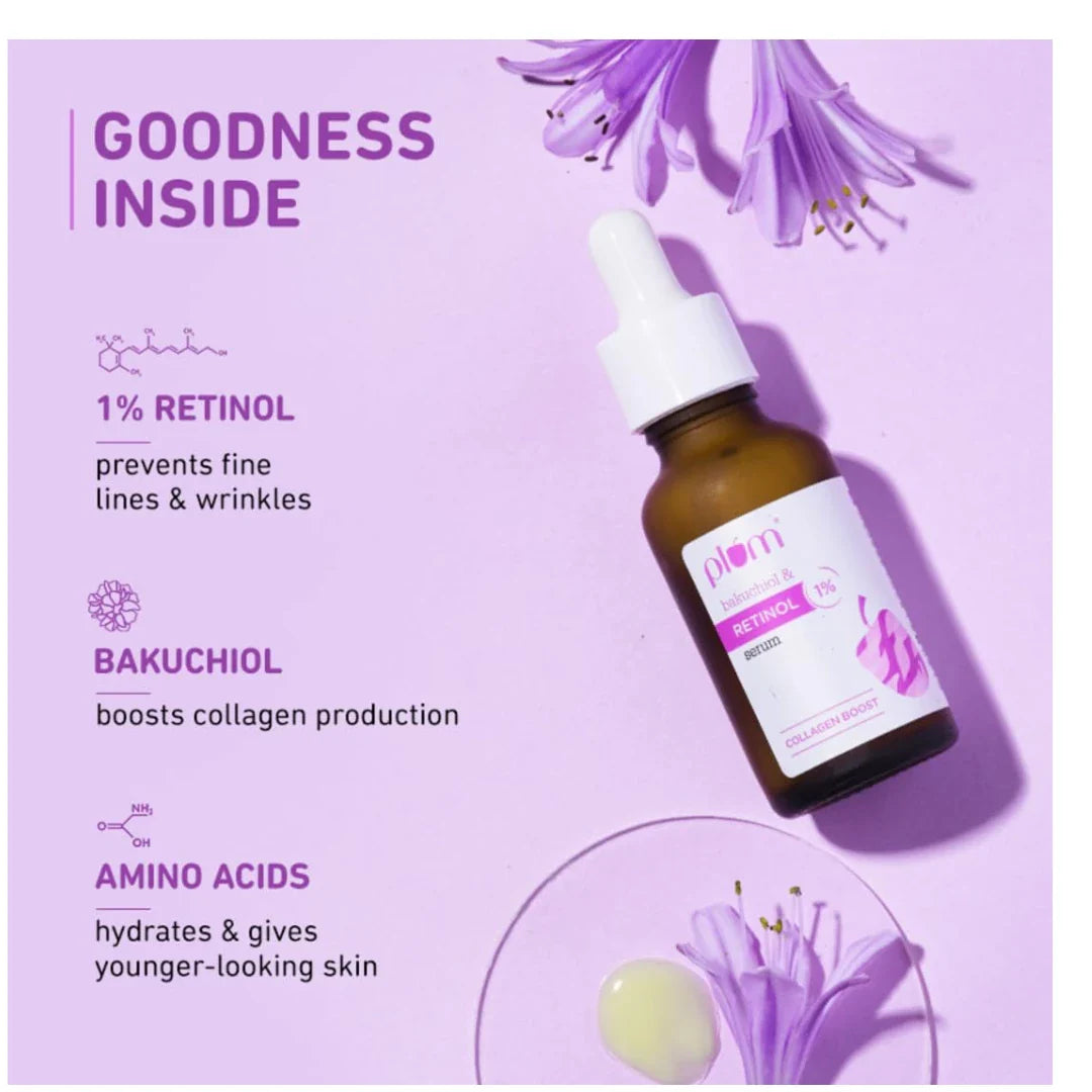 Plum 1% Retinol Advanced Anti Aging Night Face Serum with Bakuchiol | Boosts Collagen, Reduces Fine Lines & Wrinkles | Retinol Serum for Face | for Women & Men | Suits All Skin Types | 20ml