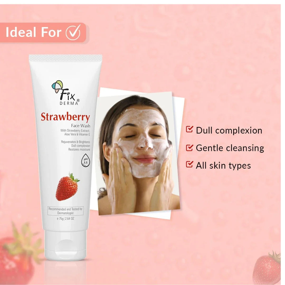 Fixderma Strawberry Face Wash with Vitamin E & Strawberry Extract | Face Wash & Face Cleanser | Face Wash for Oily Skin (All Type Skin) | Face Wash for Women & Men - 75g