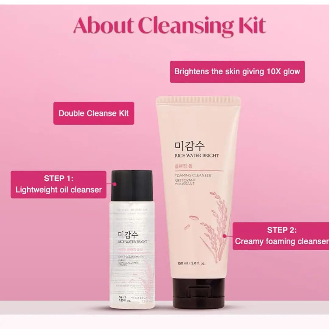 The Face Shop 2 Step Rice Water Bright Kit | Rice Water Bright Foaming Face Wash 100ml + Rice Water Bright Light Cleansing Oil 55ml