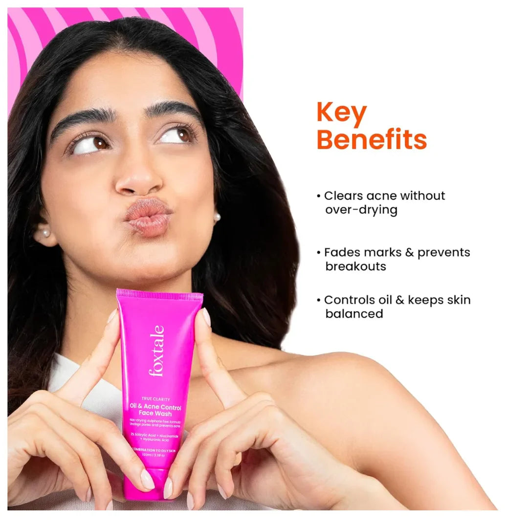 Foxtale Oil and Acne Control Face Wash | 2% Salicylic Acid + Niacinamide + Cica + Hyaluronic Acid | Fights Acne, Fades Marks, Controls Oil, Soothes Skin | Non-Drying Cleanser for Oily Skin