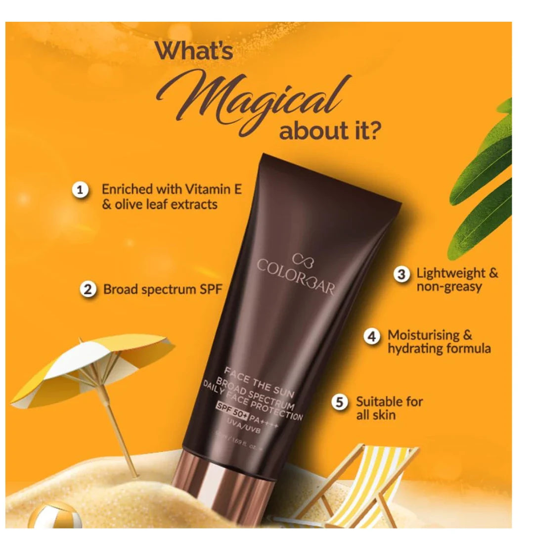 Colorbar Face the Sun Broad Spectrum Daily Face Protector, 50 ml | Enriched with Olive Leaf Extract and Vitamin E | 100% Vegan, Paraben Free and cruelty free