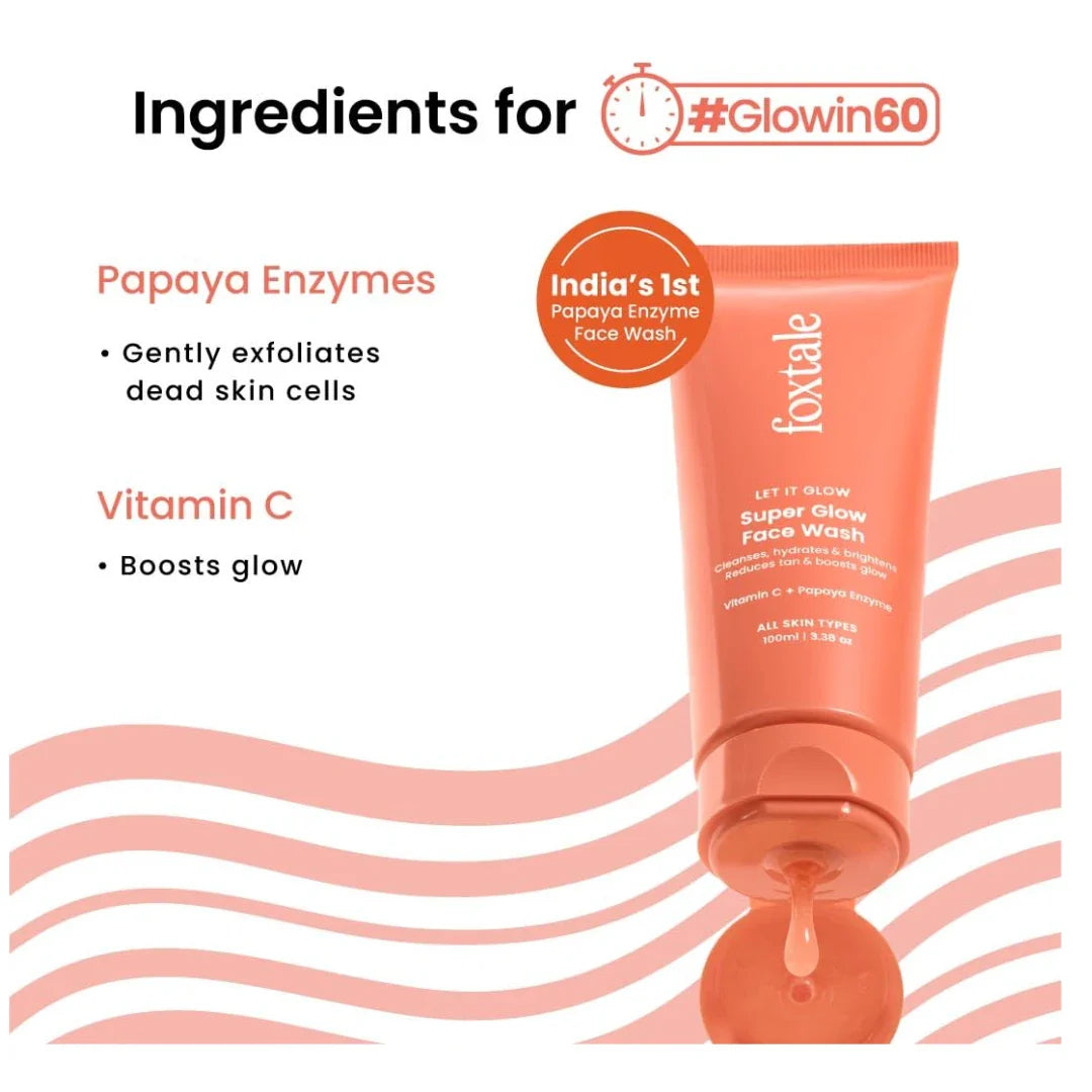 Foxtale Vitamin C Super Glow Face Wash with Papaya enzyme | Reduces Tan | Boosts Glow | Gently Exfoliates & Brightens Skin | Reduces Pigmentation | Face Wash for Men & Women-