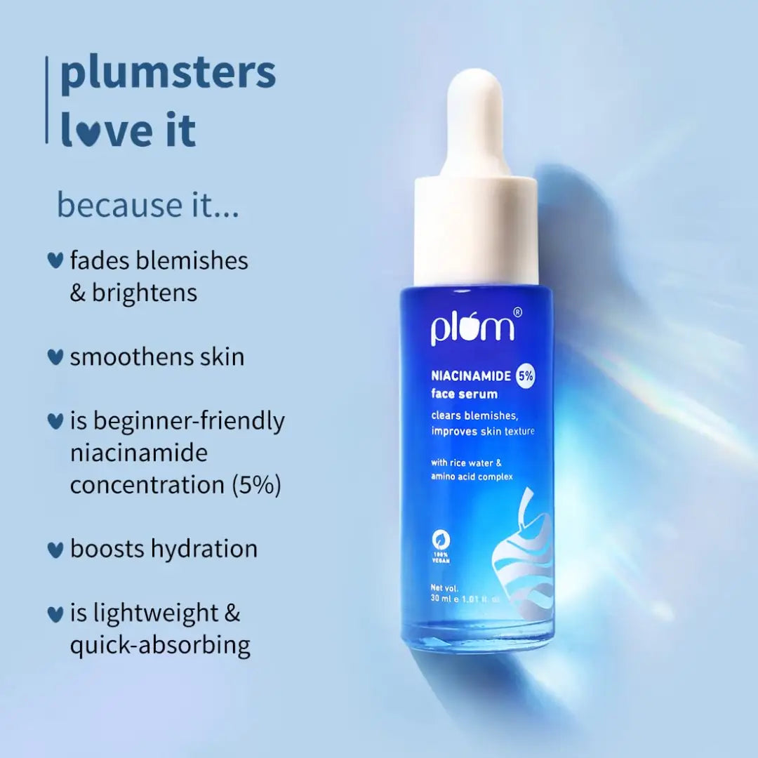 Plum 5% Niacinamide Face Serum for Clear & Bright Skin | with Rice Water | Provides Clear, Glowing & Brightening Skin | Lightweight & Beginner Friendly Serum for Women & Men | All Skin Types | 30ml