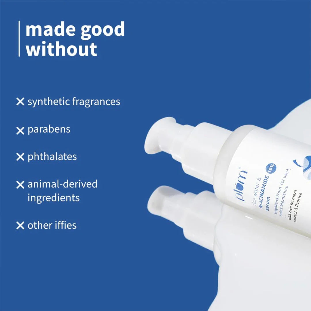 Plum 10% Niacinamide & Rice Water Face Serum For Clear, Bright Skin | Fades Blemishes & Acne Marks| Lightweight & Quick-absorbing| Dermatologically Tested | All Skin Types | Women & Men | Fragrance-Free | 100% Vegan | 50ml