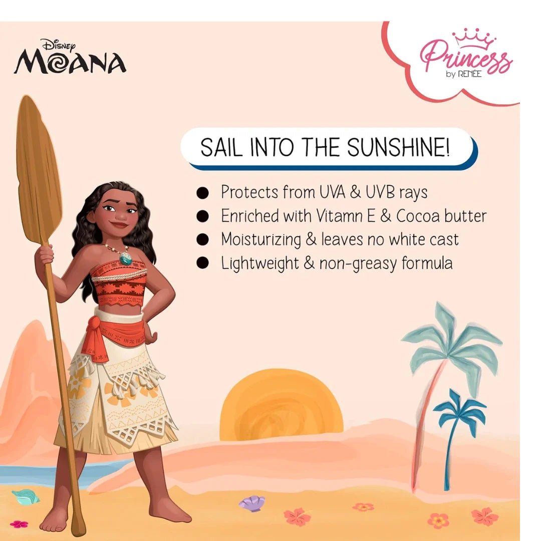 rnsunsc - RENEE Princess by Disney Moana Sunscreen with SPF 50, Protects & Nourishes, Zero White Cast, Lightweight & Non - Greasy, Quick - absorbing Formula, Vitamin E, Cocoa Butter, Provitamin B5 Infused, 50 Ml - Looknstyle