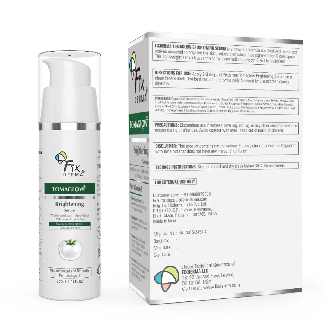 Fixderma TomaGlow Skin Brightening Serum for Face with 4% Niacinamide, 2% Alpha Arbutin, Vitamin C & White Tomato Extract | Reduce Pigmentation & Dark Spots | Brightens the Skin For Men & Women - 30ML