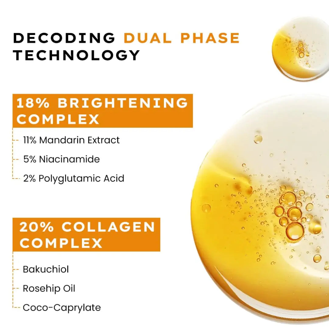 Hyphen 18% Brightening + 20% Collagen Double Shot Face Serum | Double Serum with 11% Mandarin 5% Niacinamide 2% PGA & Bakuchiol | Brightening & Collagen Boost | Dark Spots & Melanin Reduction | All Skin Type-50ml