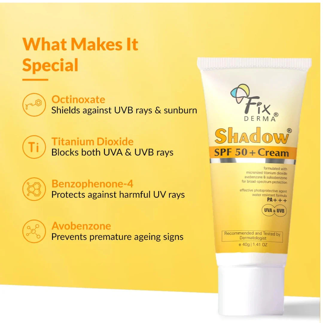 Fixderma Shadow  SPF 50+Cream | Sunscreen for Dry Skin | No White Cast | UVA & UVB Protection | For Women & Men | Non Greasy & Water Resistant - 40 gm