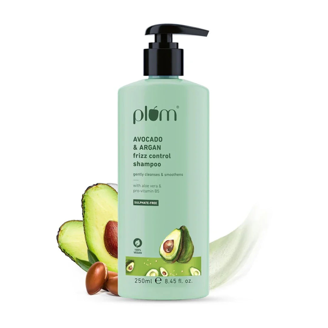Plum Avocado & Argan Frizz Control Shampoo | for Curly, Wavy & Frizzy Hair | Sulphate & Parabens Free | with Aloe Vera Extract | Reduces Frizz, Retains Moisture & Conditions Strands | 250m