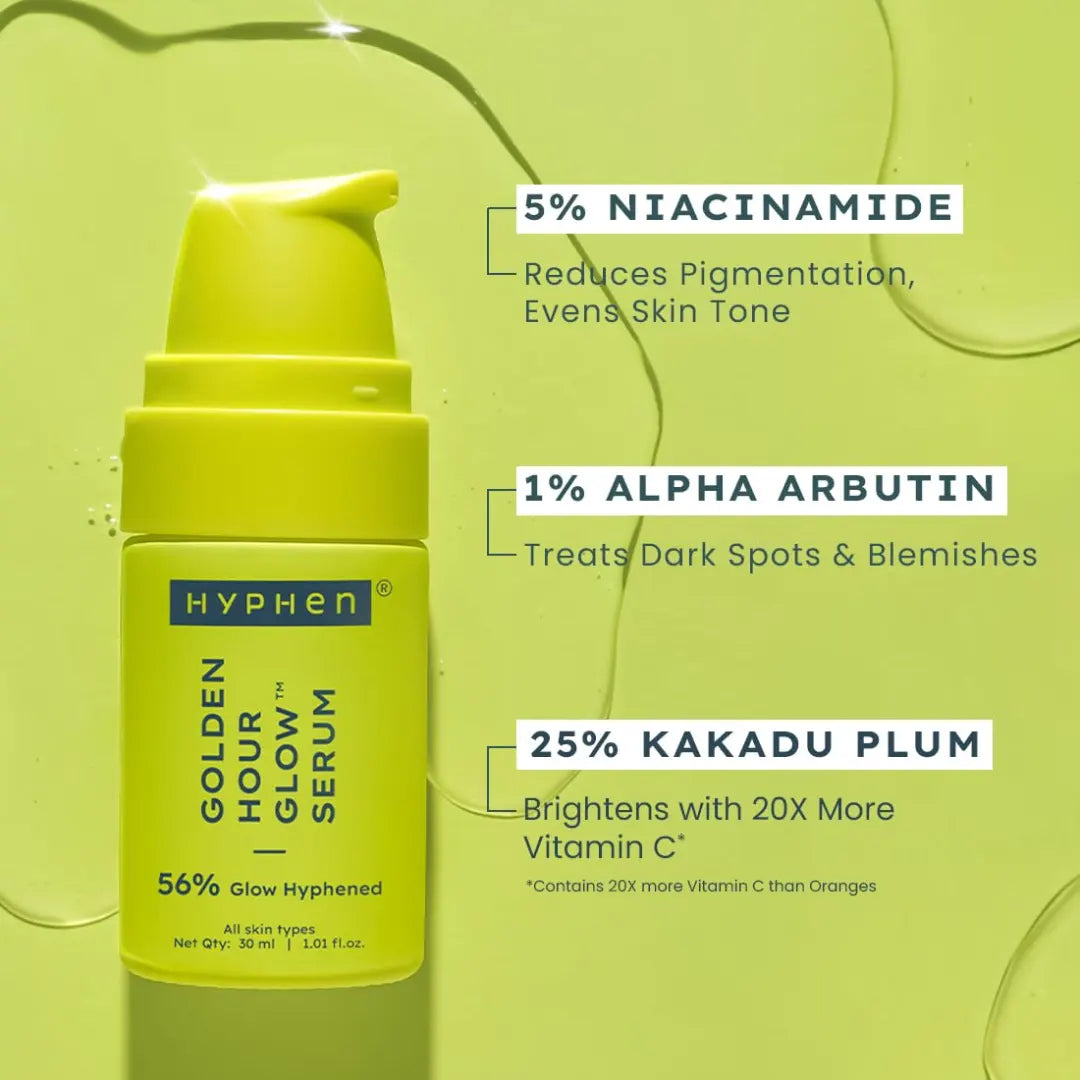 Hyphen Brightening 5% Niacinamide, 1% Alpha Arbutin Face Serum | With 25% Kakadu Plum -20X More Vitamin C Serum for Glowing Skin | 56% Glow Actives for Dark Spots & Pigmentation | All Skin Types -30ml