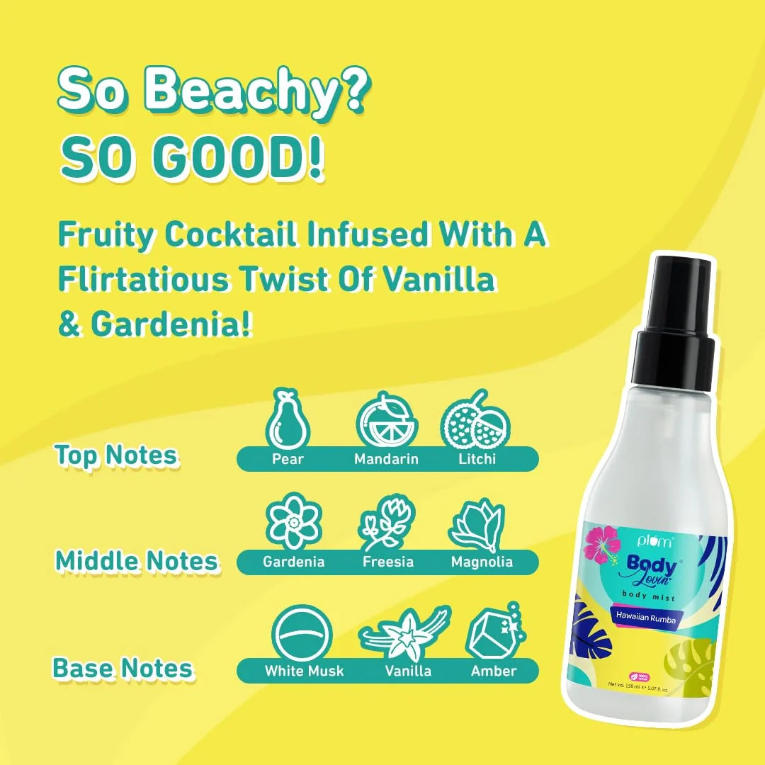 Plum BodyLovin Hawaiian Rumba Body Mist for Women | Refreshing Long Lasting Tropical Fragrance | Perfume Body Spray for Women | Vegan & Paraben Free | Travel Friendly Beachy Fresh Scent | 150ml