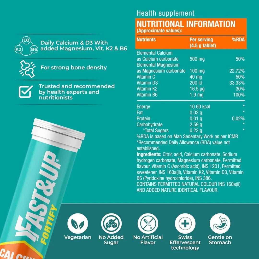 f&uclcm - Fast&Up Fortify - Calcium with Essential Vitamin D3 for Complete Health Support - Vitamin D3, Calcium & Magnesium Combination for Better Absorption (20 Effervescent Tablets, Orange Flavour) - Looknstyle