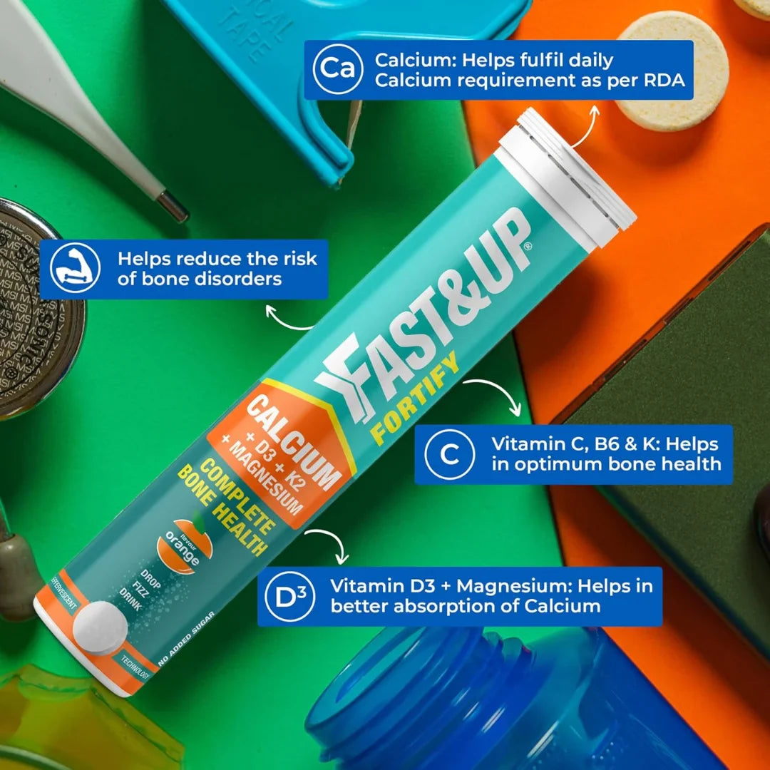 Fast&Up Fortify - Calcium with Essential Vitamin D3 for Complete Health Support - Vitamin D3, Calcium & Magnesium Combination for Better Absorption (20 Effervescent Tablets, Orange Flavour)