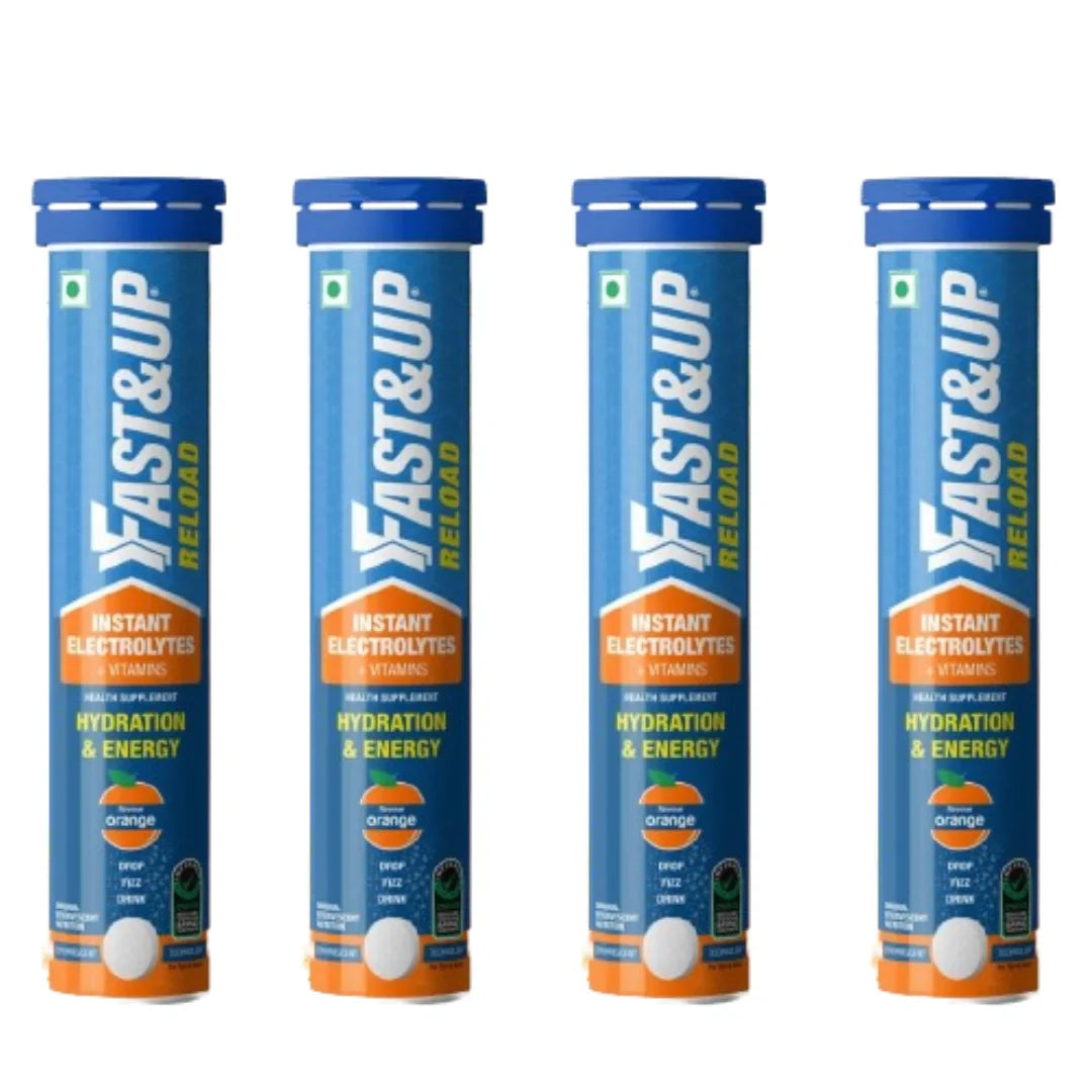 Fast&Up Reload (5 Litres) Low Sugar energy drink for Instant Hydration - 20 Effervescent Tablets Orange flavour (pack of 4)