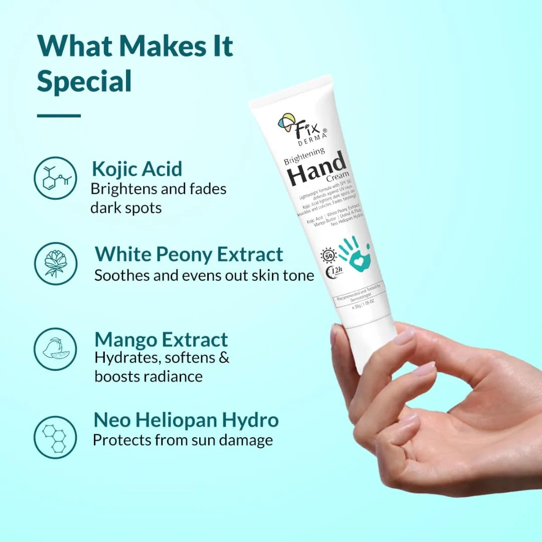Fixderma Brightening Hand Cream for Women & Men | Hand Moisturizer | Kojic Acid Cream | Hand Cream for Dry and Rough Hands | Cream for Itchy Hand | Hand Cream with SPF 50 | All Skins Types - 30gm