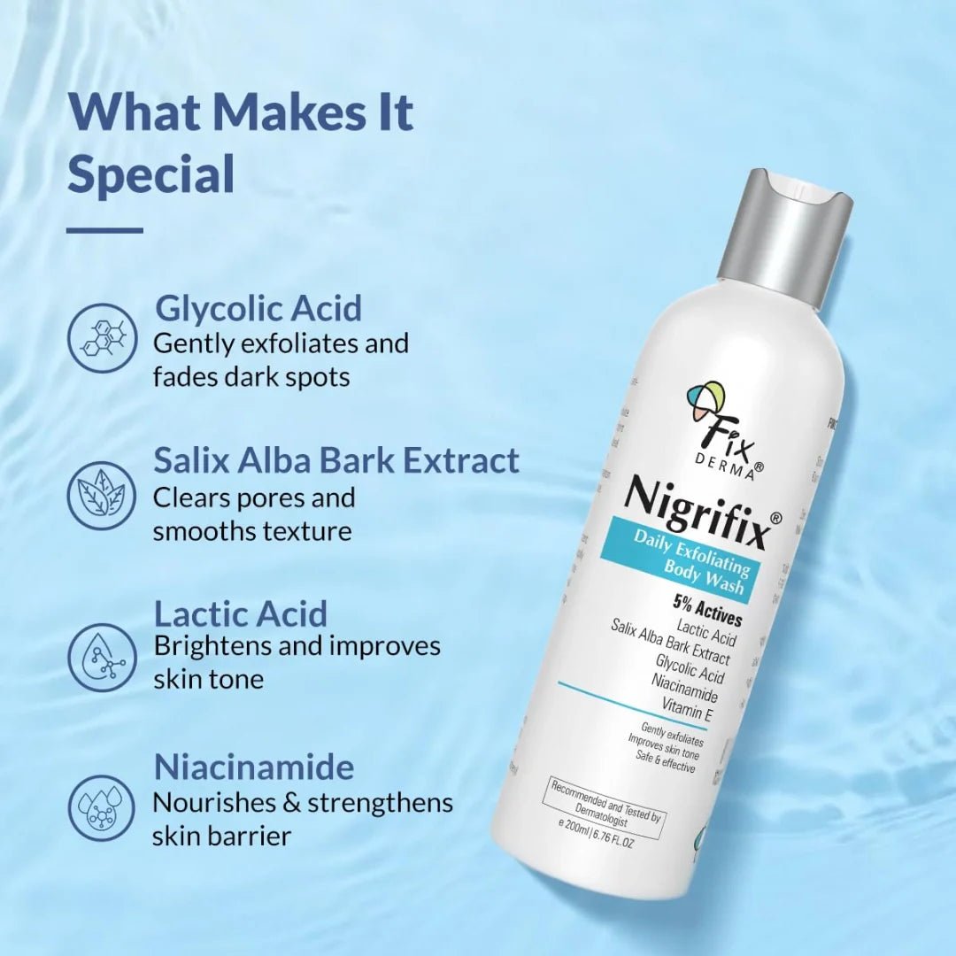  - Fixderma Nigrifix Exfoliating Body Wash with 5% Actives (Lactic Acid, Glycolic Acid, Niacinamide Acid & Vitamin E) | Gentle Exfoliating Shower Gel | Improves Skin Tone | Body Wash Shower Gel - 200ml - Looknstyle